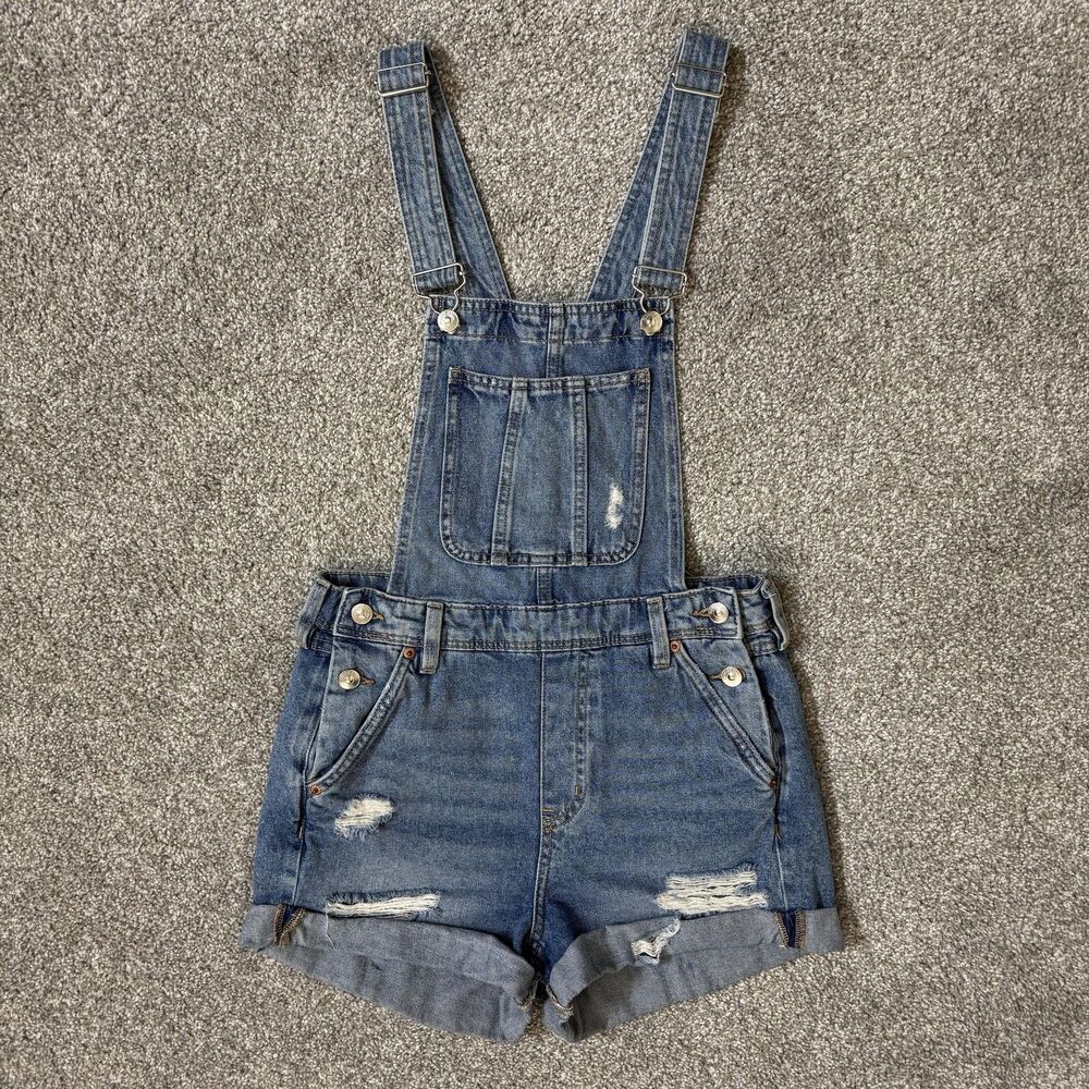 H&M Medium Blue Distressed Denim Short Overalls